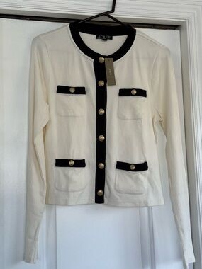 J. Crew Cream Cardigan with Black Trim and Gold Buttons